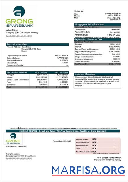 Blank Norway Grong Sparebank mortgage statement Word and PDF template